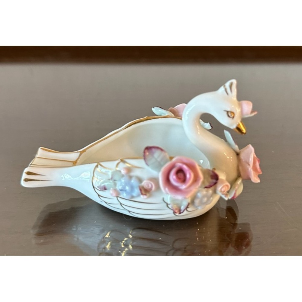 VINTAGE Pink Roses CHIKUSA Porcelain SWAN Trinket BOWL Ashtray JAPAN Figurine